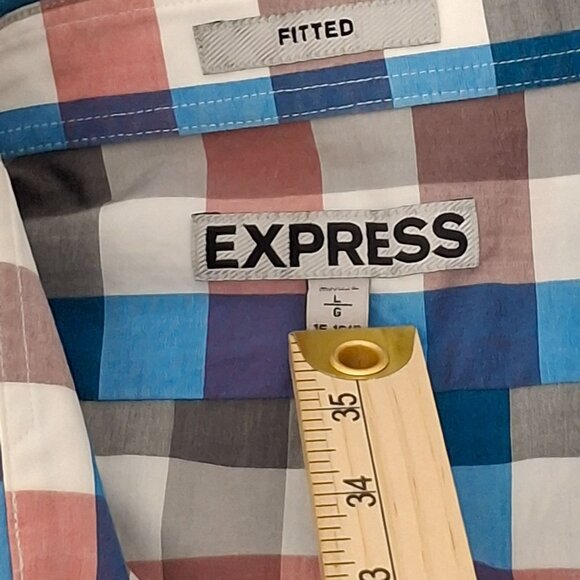 Express Mens Fitted Plaid Long Sleeve Shirt Size L Cotton Button Cuffs 11/2013 - Picture 3 of 7